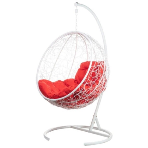 Кресло-кокон подвесное плетеное с красной подушкой на металлической стойке белое Kokos