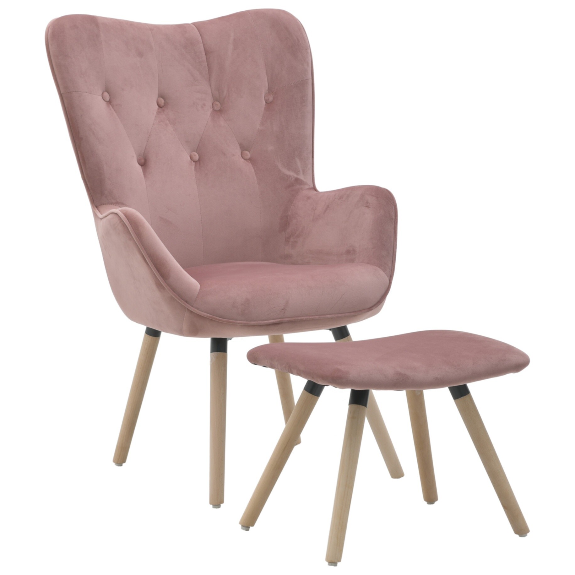 Кресло мягкое с оттоманкой на деревянных ножках розовое