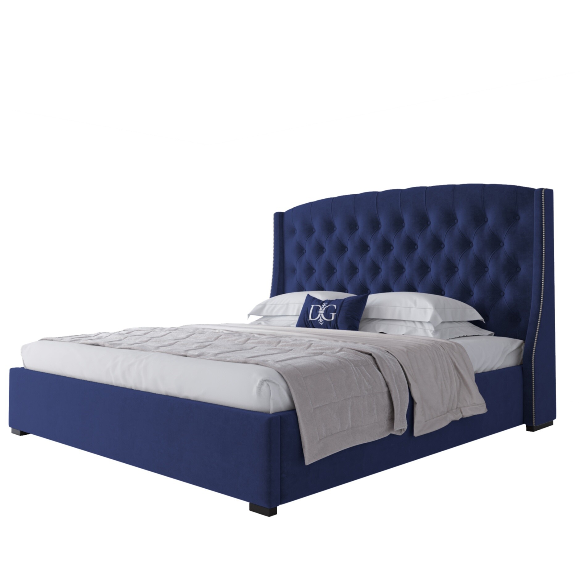 Кровать двуспальная с мягким изголовьем 180х200 с гвоздиками синяя Hugo