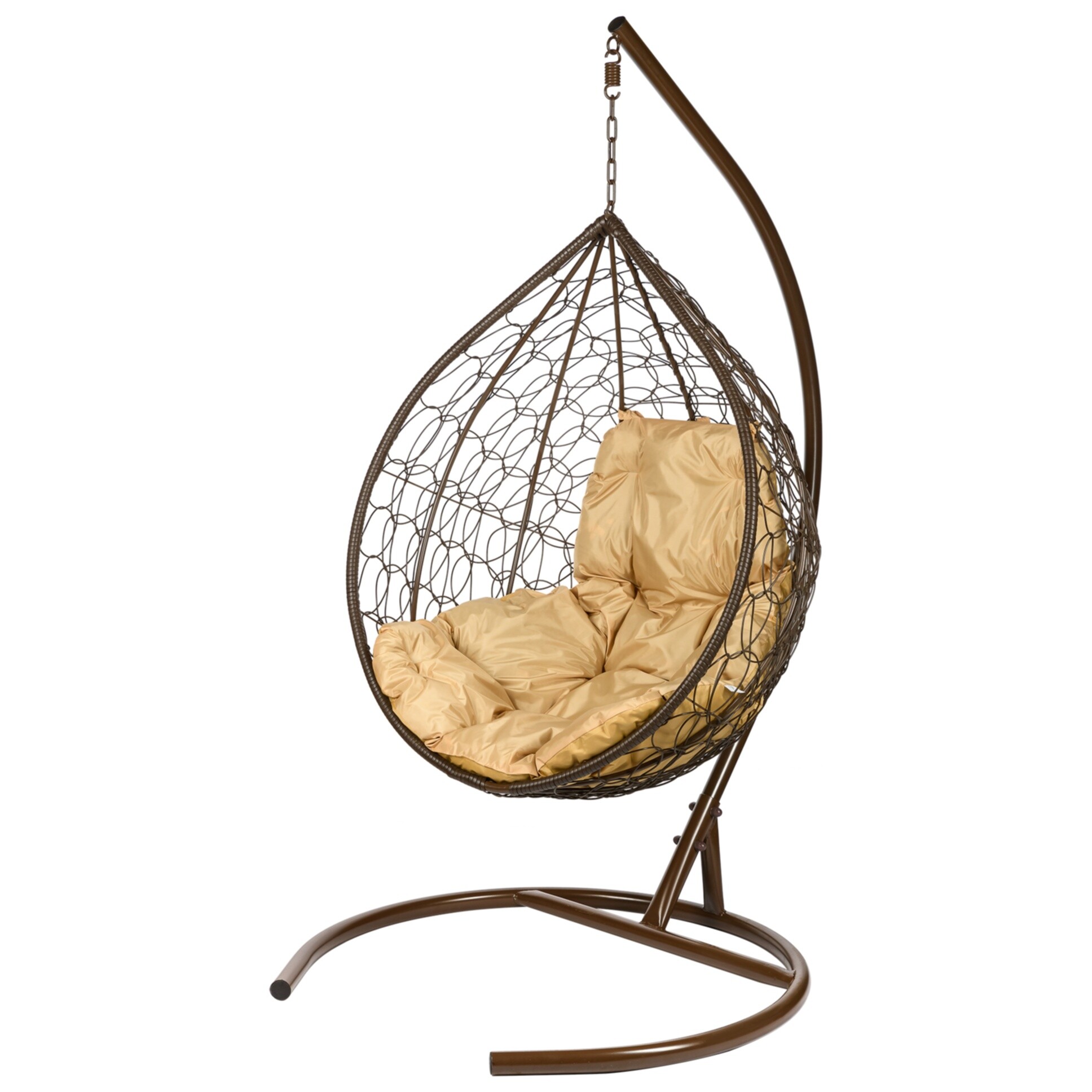 Кресло-кокон подвесное плетеное с бежевой подушкой на металлической стойке коричневое Tropica