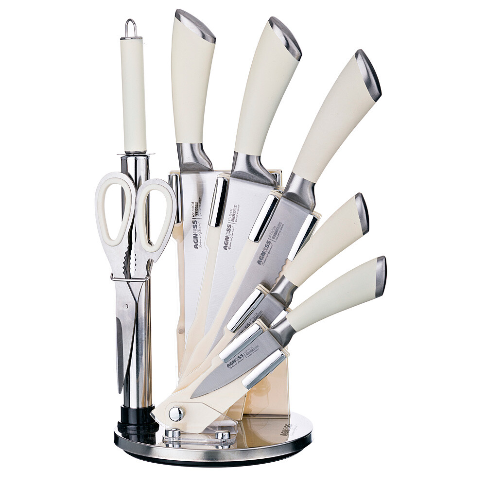 Набор ножей белый, 8 предметов Agness с силиконовыми ручками на пластиковой подставке