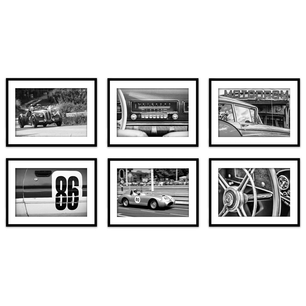 Коллаж из 6 постеров с паспарту черно-белый 21х30 см и 30х40 см &quot;Ретро авто №4&quot;