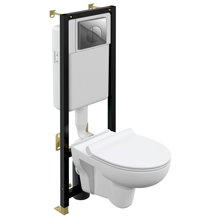 Унитаз подвесной белый Cersanit Nature Clean On DPL EO slim с инсталляцией Black и кнопкой хром Leon
