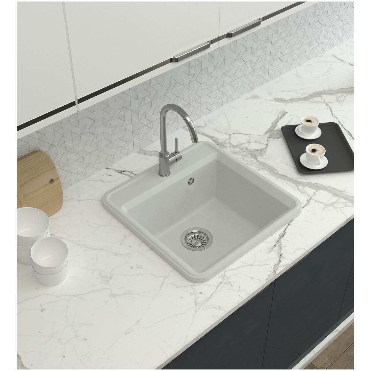 Мойка кухонная из искусственного мрамора квадратная 51 см белая Domaci "Римини" DG К-650 - изображение 10