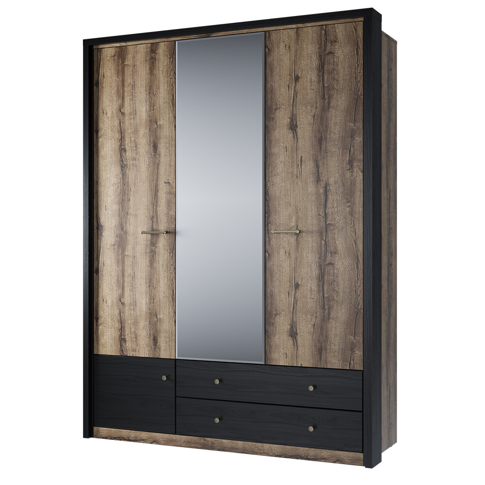 Шкаф трёхдверный с зеркалом для одежды дуб монастырский, чёрный Jagger