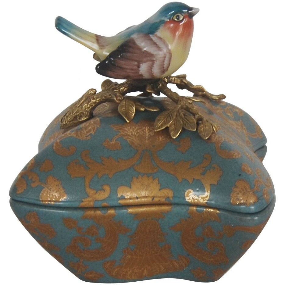 Шкатулка фарфоровая с птичкой 15x16см золото-голубая Glasar