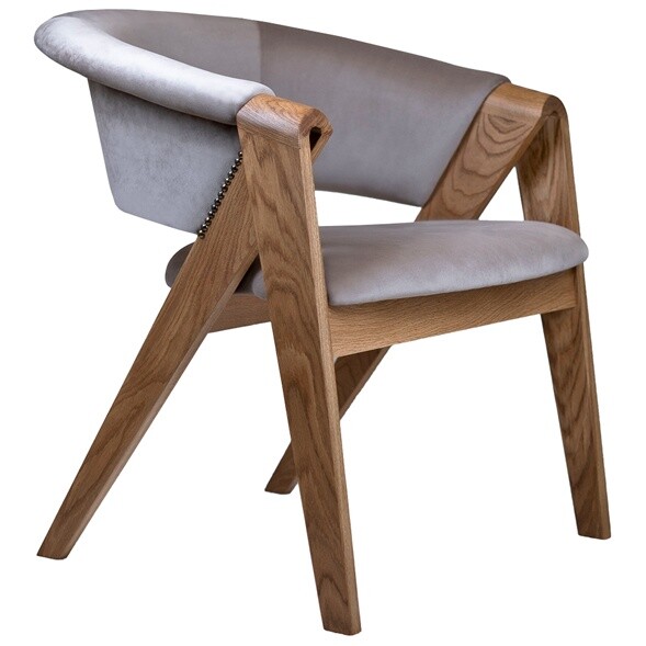 Кресло деревянное с мягким сиденьем бархатное серое, натуральное Lars