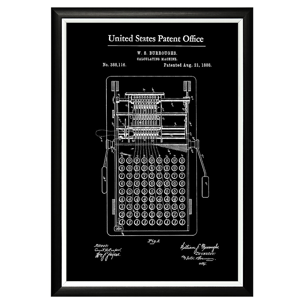 Постер черно-белый 46х66 см &quot;Патент Уильяма Берроуза на калькулятор, 1888&quot;