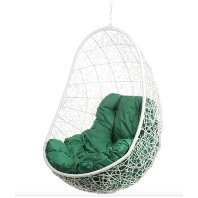 Кресло-кокон подвесное плетеное с зеленой подушкой белое Easy BS