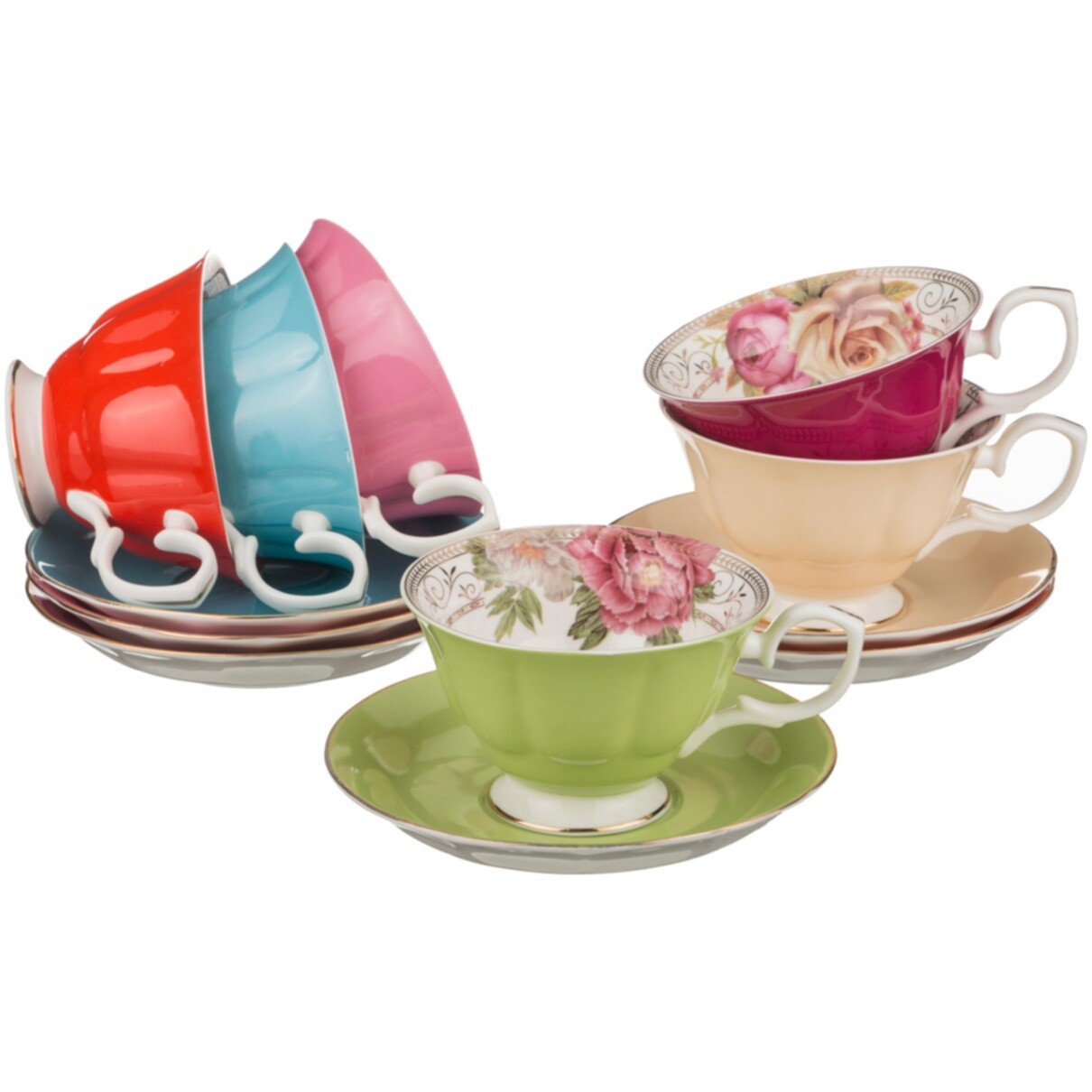 Чашки чайные фарфоровые с блюдцами на 6 персон разноцветные &quot;Летний Микс&quot;