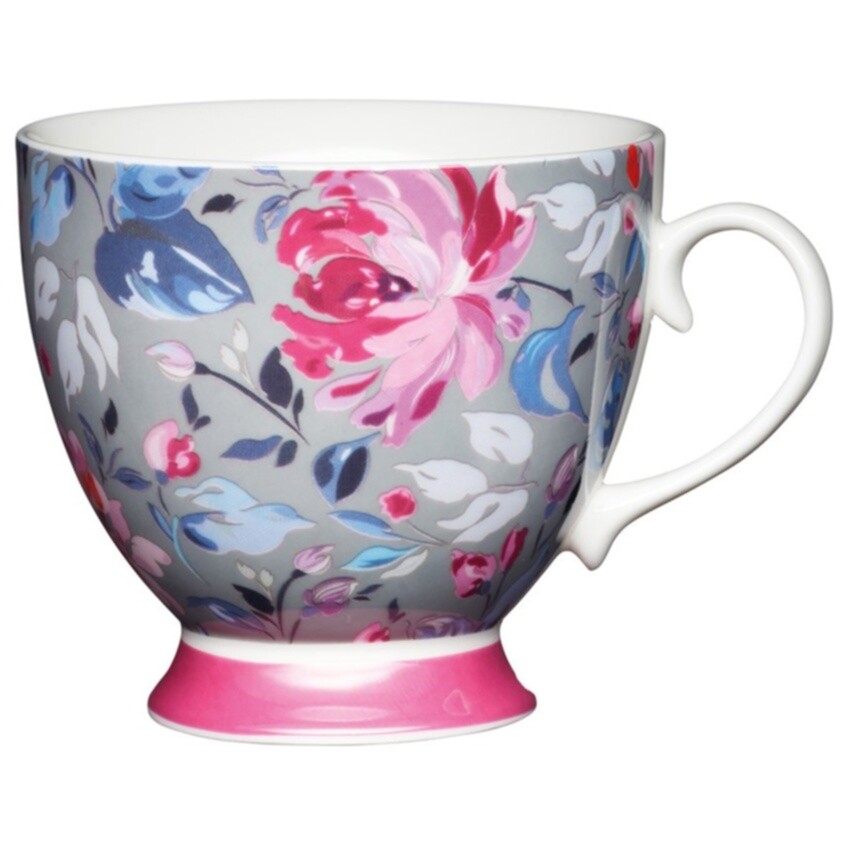 Чашка фарфоровая 400 мл серая, розовая Floral Footed