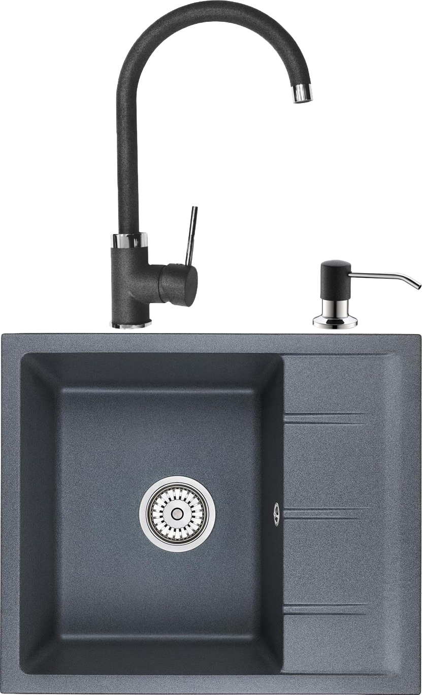 Мойка кухонная 36х46 см антрацит Domaci &quot;Солерно&quot; EMQ-1580.Q со смесителем EC-3004 и дозатором 401