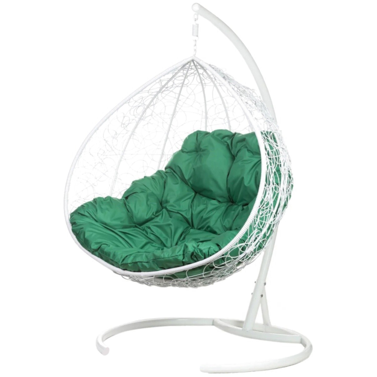 Кресло-кокон двухместное подвесное плетеное с зеленой подушкой на металлической стойке белое Gemini