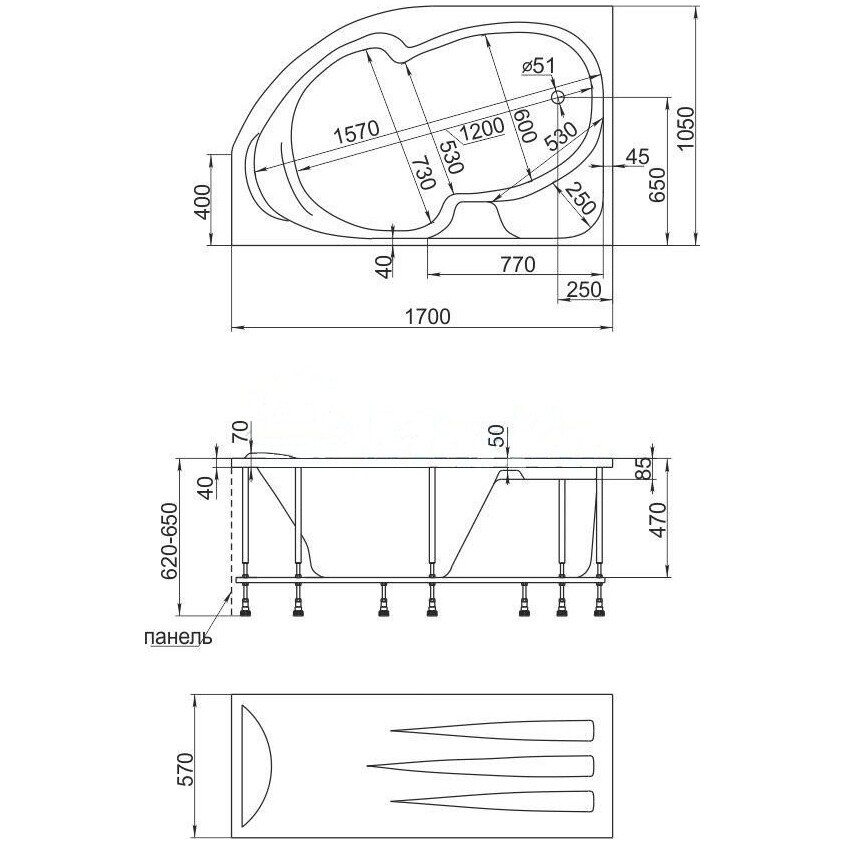 Ванна акриловая угловая правая 105х170 см белая Creto Doris 14-170105R - изображение 9