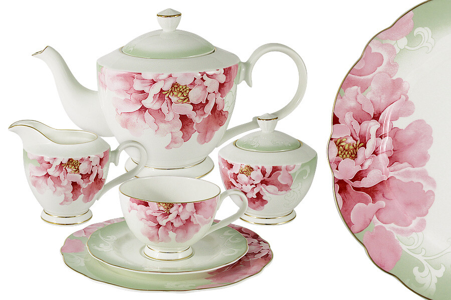 Чайный сервиз фарфоровый розово-зеленый на 6 персон, 21 предмет &quot;Заря&quot;