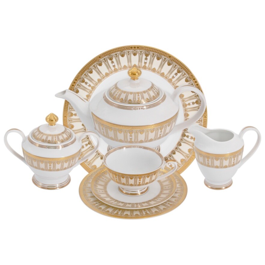 Чайный сервиз фарфоровый на 12 персон 42 предмета белый, золотой Contessa