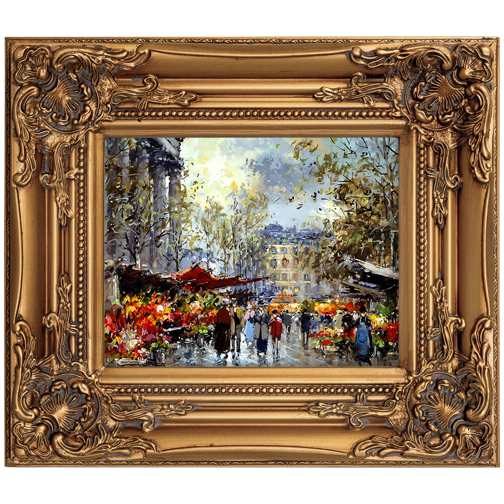 Репродукция золотая «Цветочный рынок Мадлен» в картинной раме «Шелли»