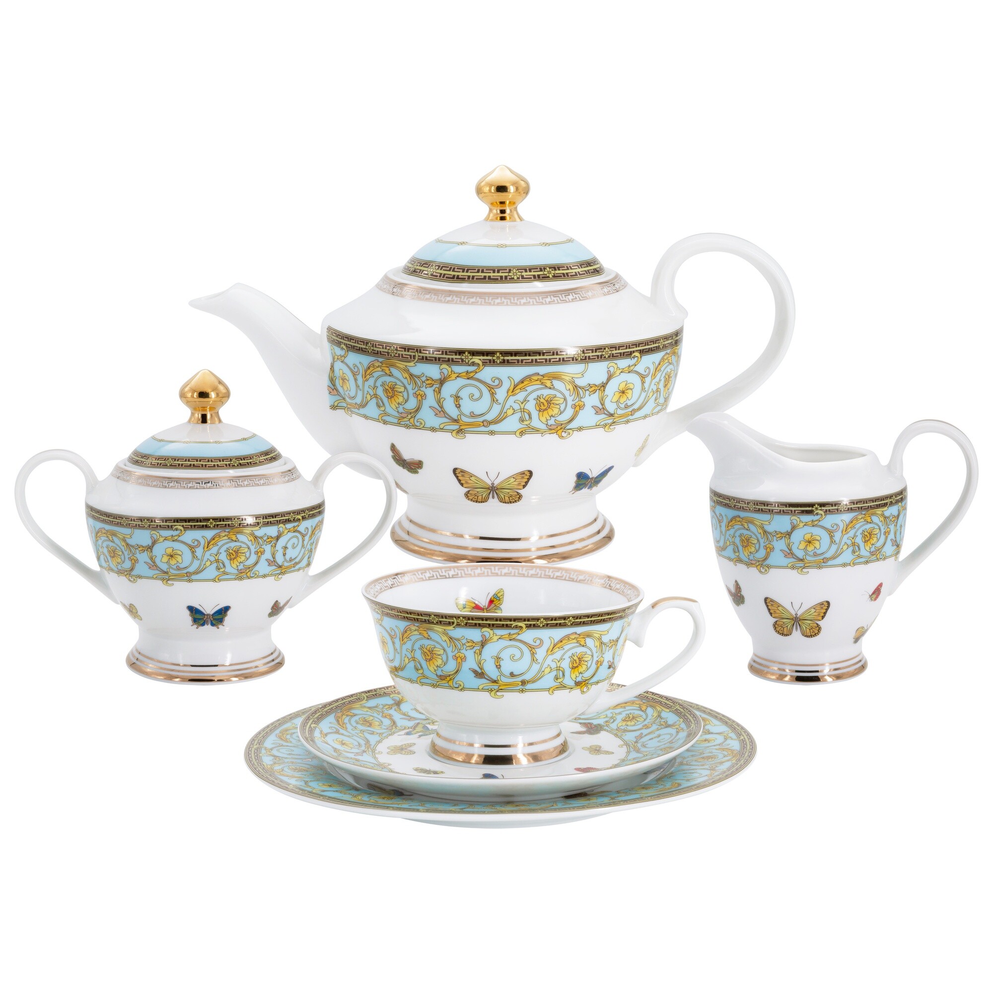 Чайный сервиз фарфоровый на 6 персон 23 предмета белый, голубой, золото &quot;Бабочки&quot;