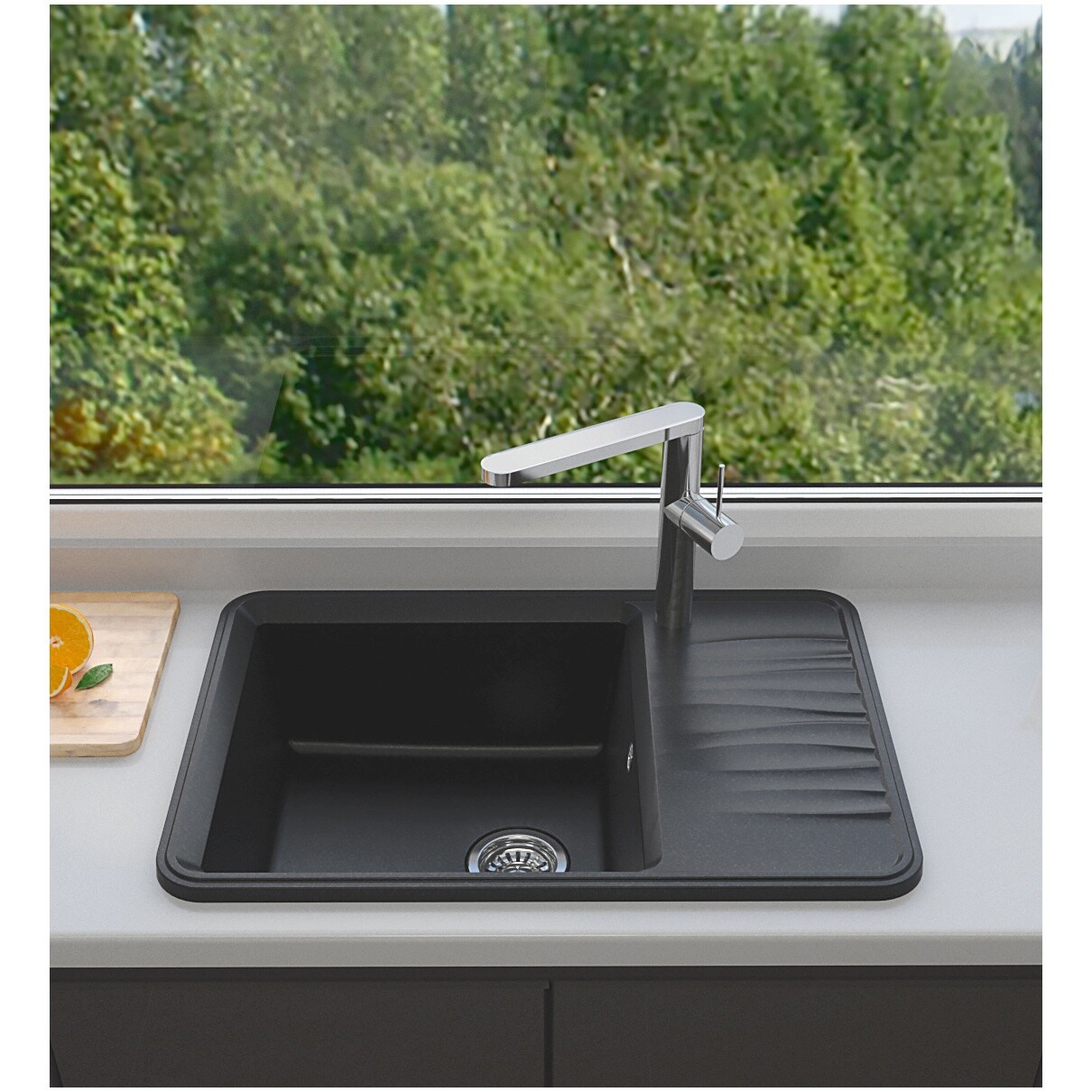 Мойка кухонная кварцевая прямоугольная 51х74 см черная Domaci "Римини" DG R-405 - изображение 5