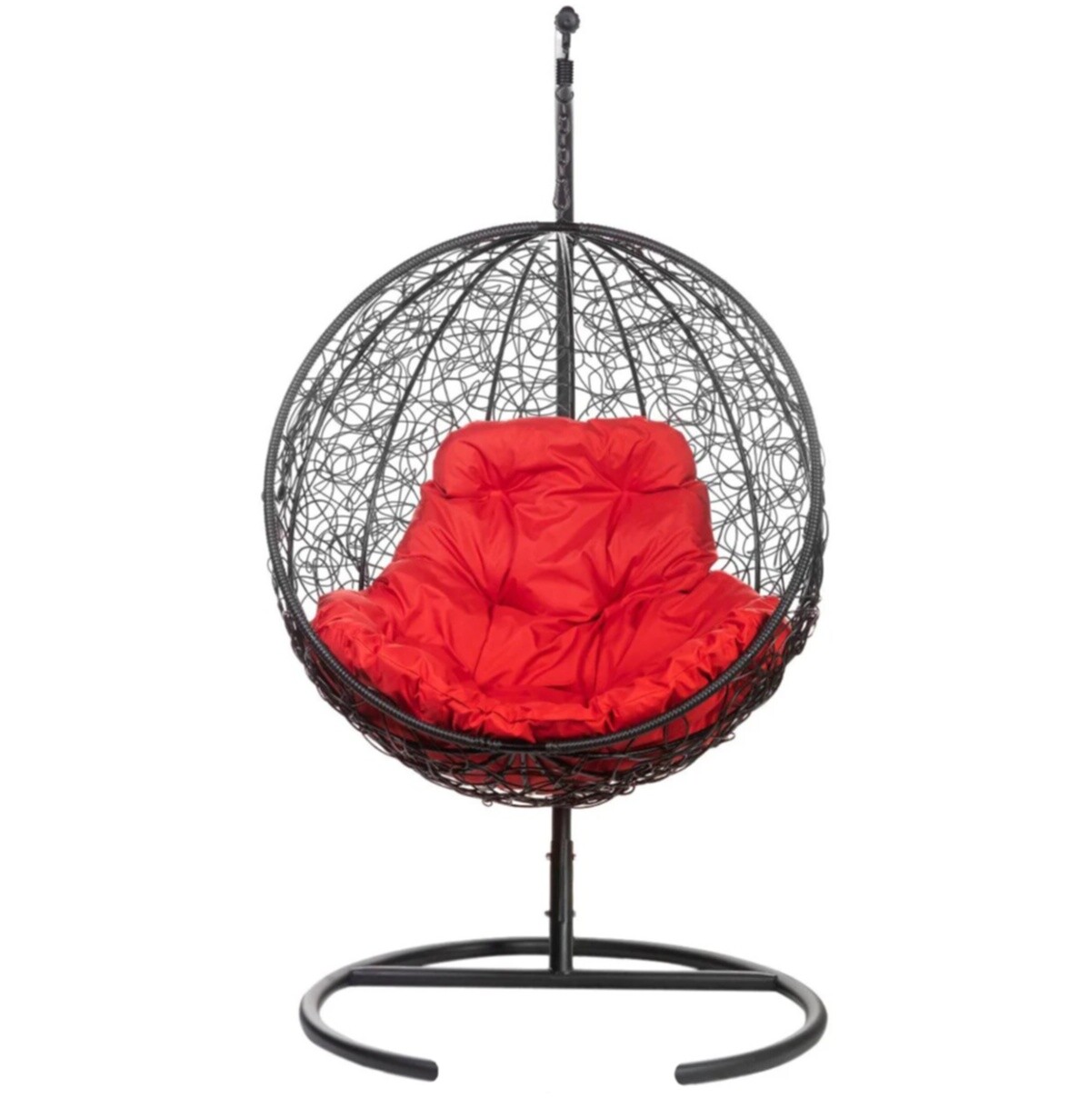 Кресло-кокон подвесное плетеное с красной подушкой на металлической стойке черное Kokos R