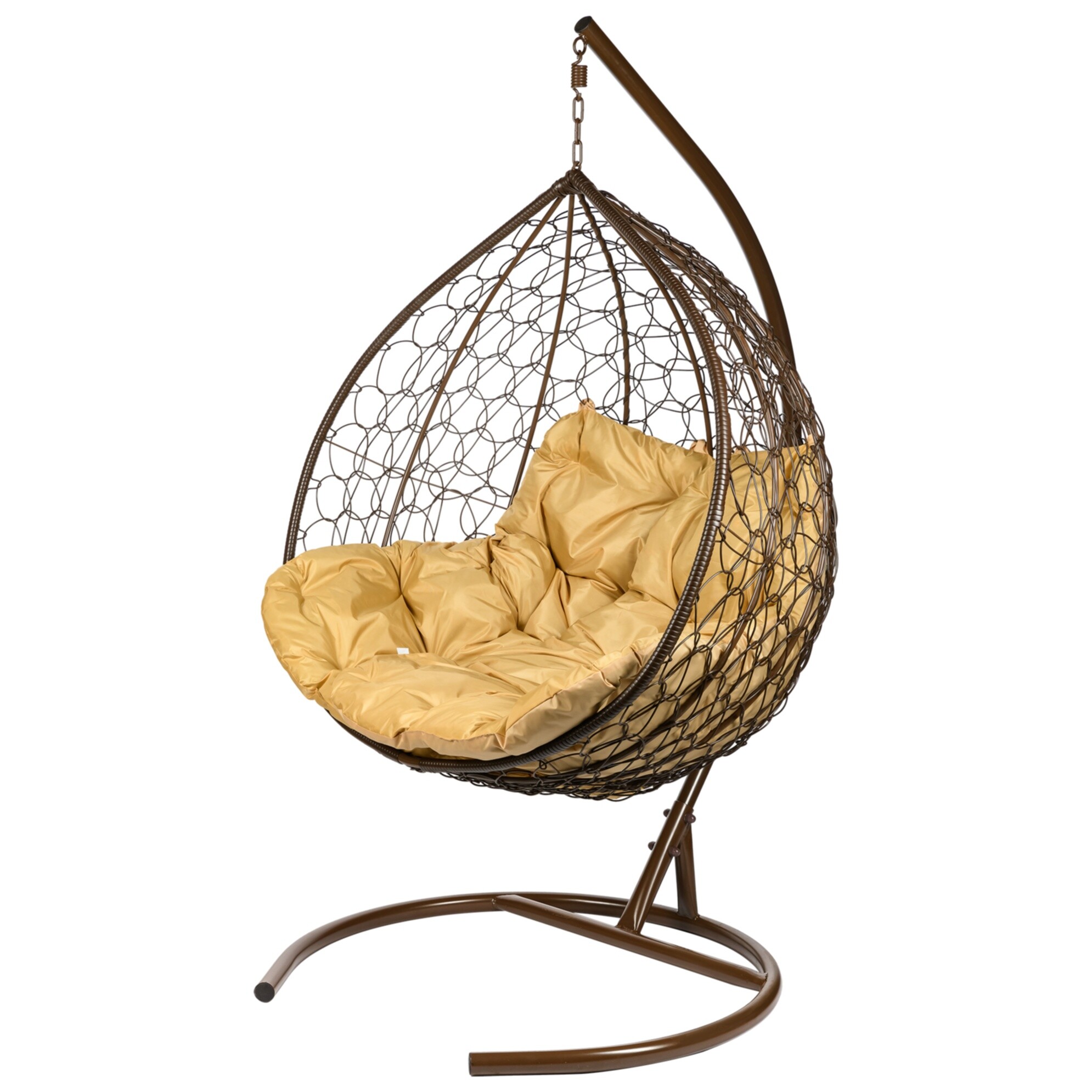 Кресло-кокон двухместное подвесное плетеное с бежевой подушкой на стойке коричневое Gemini