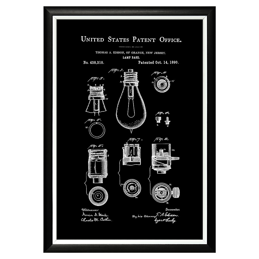 Постер черно-белый 46х66 см &quot;Патент на цоколь Эдисона, 1890&quot;