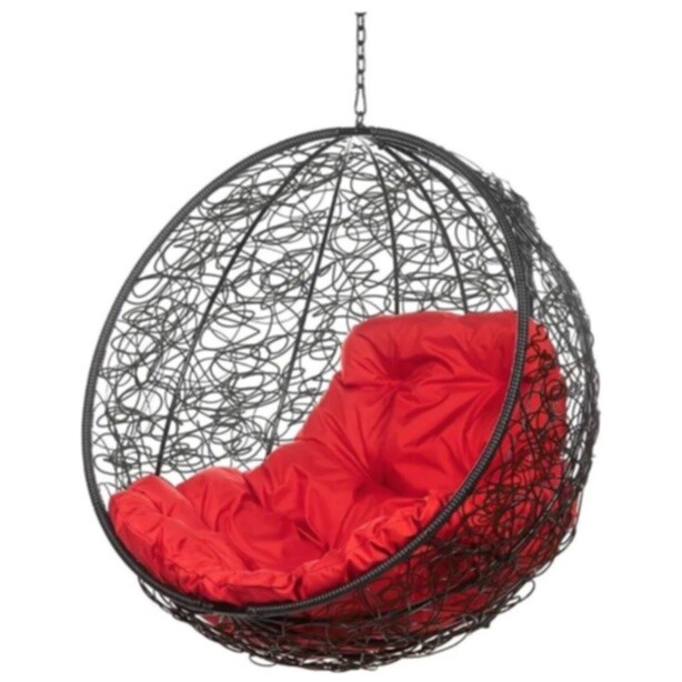 Кресло-кокон подвесное плетеное с красной подушкой черное Kokos BSR
