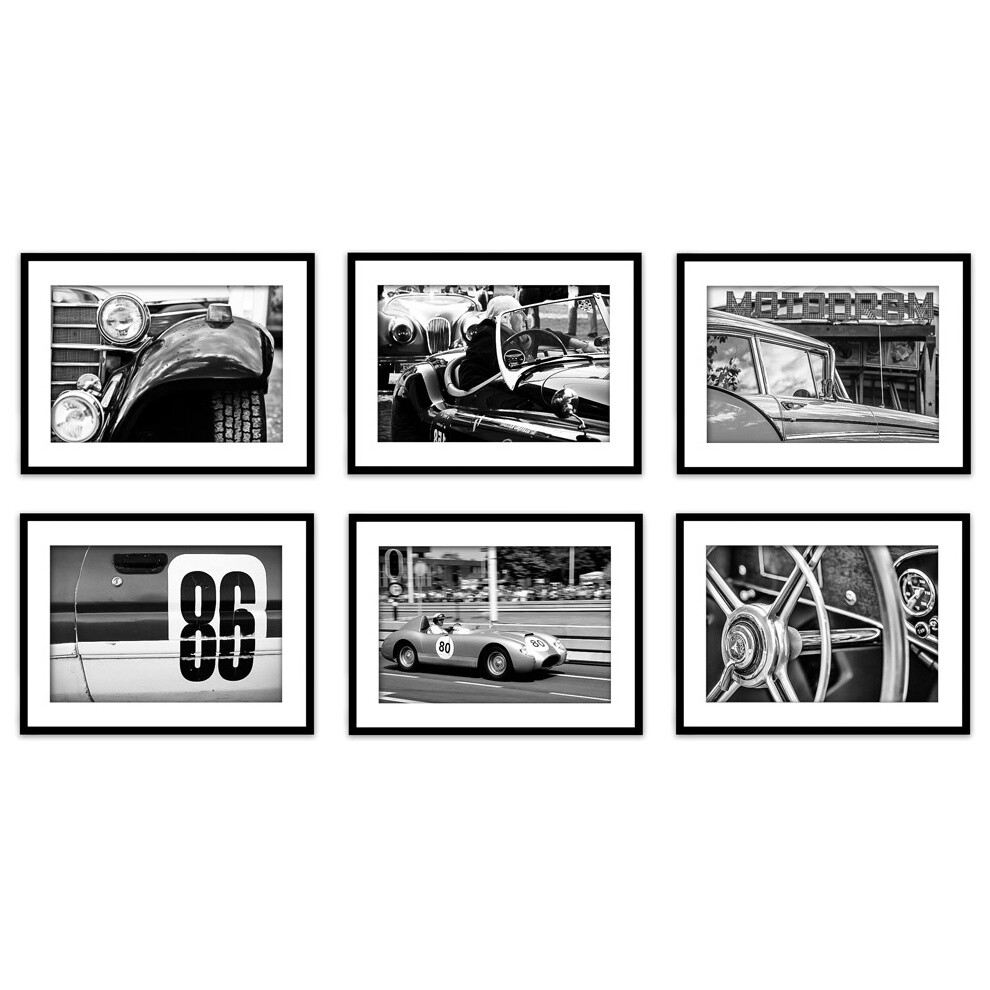 Коллаж из 6 постеров с паспарту черно-белый 21х30 см &quot;Ретро авто №3&quot;