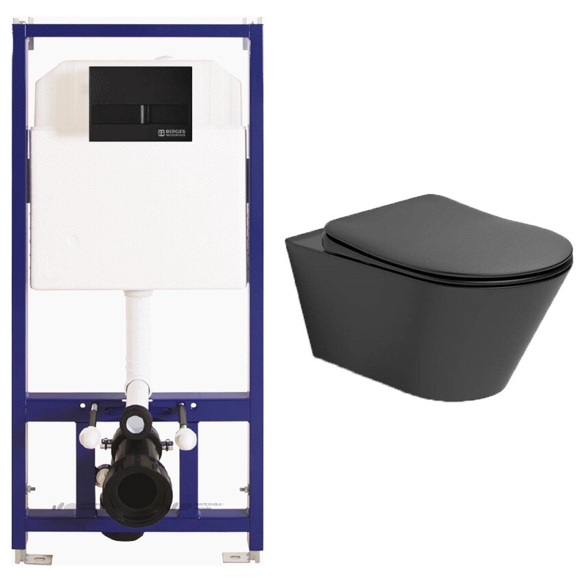 Унитаз черный Creto Logan L3 1003-002-L3BlMat с инсталляцией Berges Wasserhaus Novum L5 040215