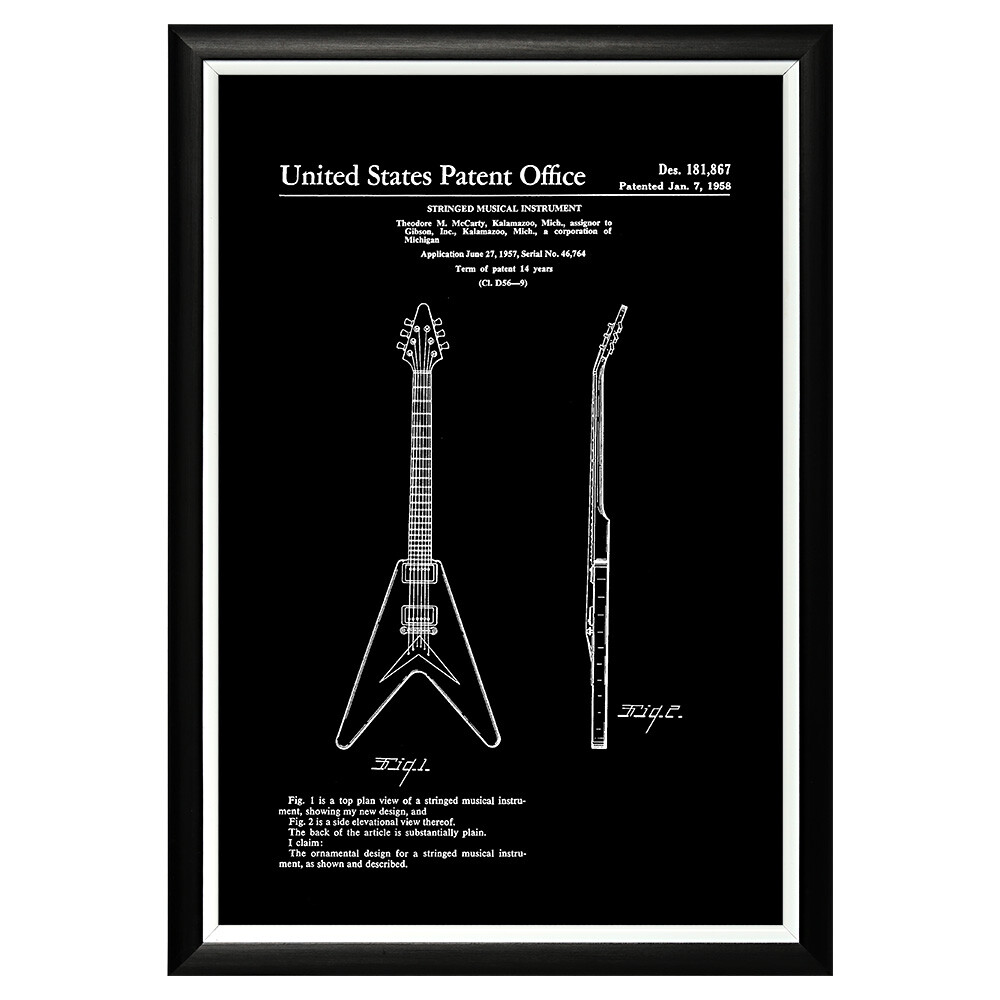 Постер черно-белый 46х66 см &quot;Патент на электрогитару Gibson, 1958&quot;