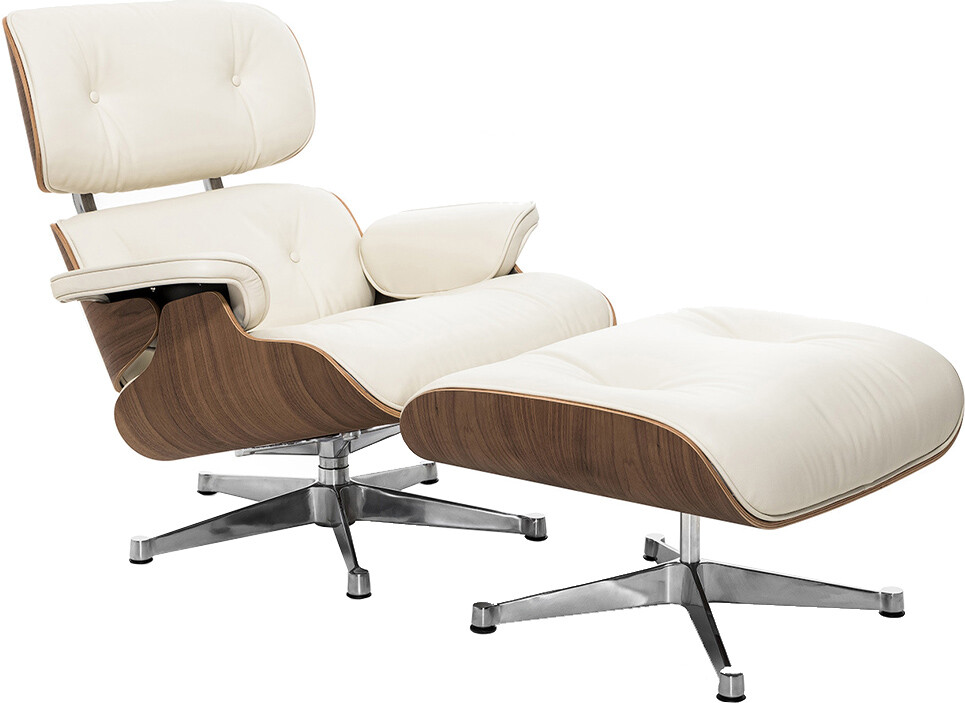 Кресло кожаное с оттоманкой тепло-белое, орех Eames Style Lounge Chair