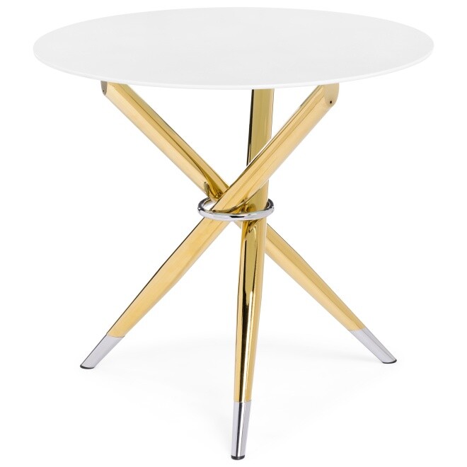 Обеденный стол круглый со стеклянной столешницей на металлических ножках 80 см белый, золото Rock