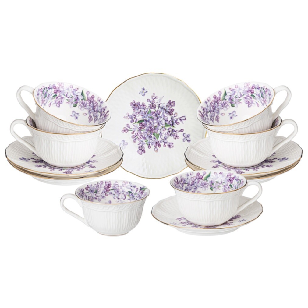 Чайный сервиз на 6 персон фарфоровый белый, сиреневый Lilac
