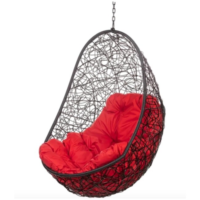 Кресло-кокон подвесное плетеное с красной подушкой черное Easy BS