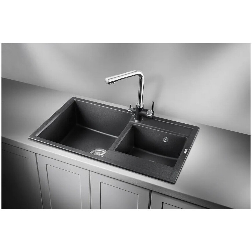 Кухонная мойка двойная кварцевая прямоугольная 50х82 см черная Granula GR-8201 - изображение 4