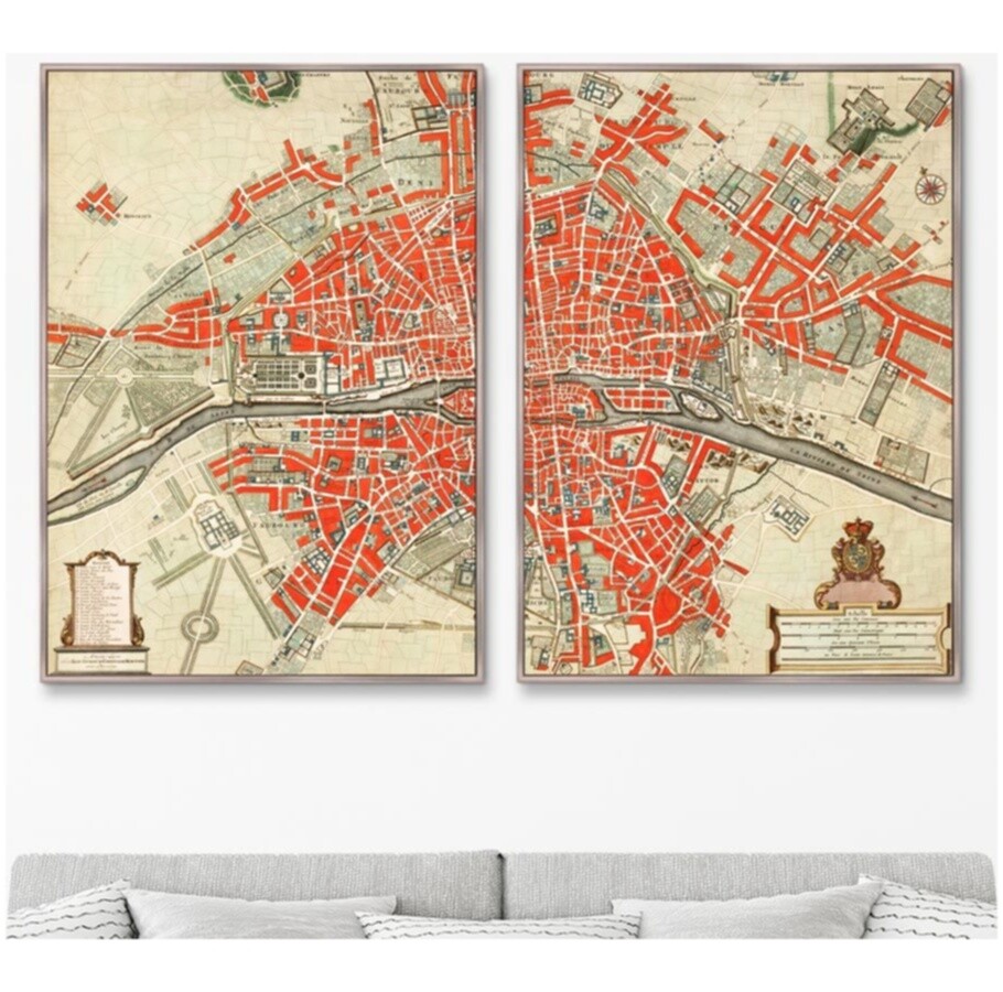 Диптих на холсте красно-бежевая &quot;Карта Парижа&quot;, 1774г.