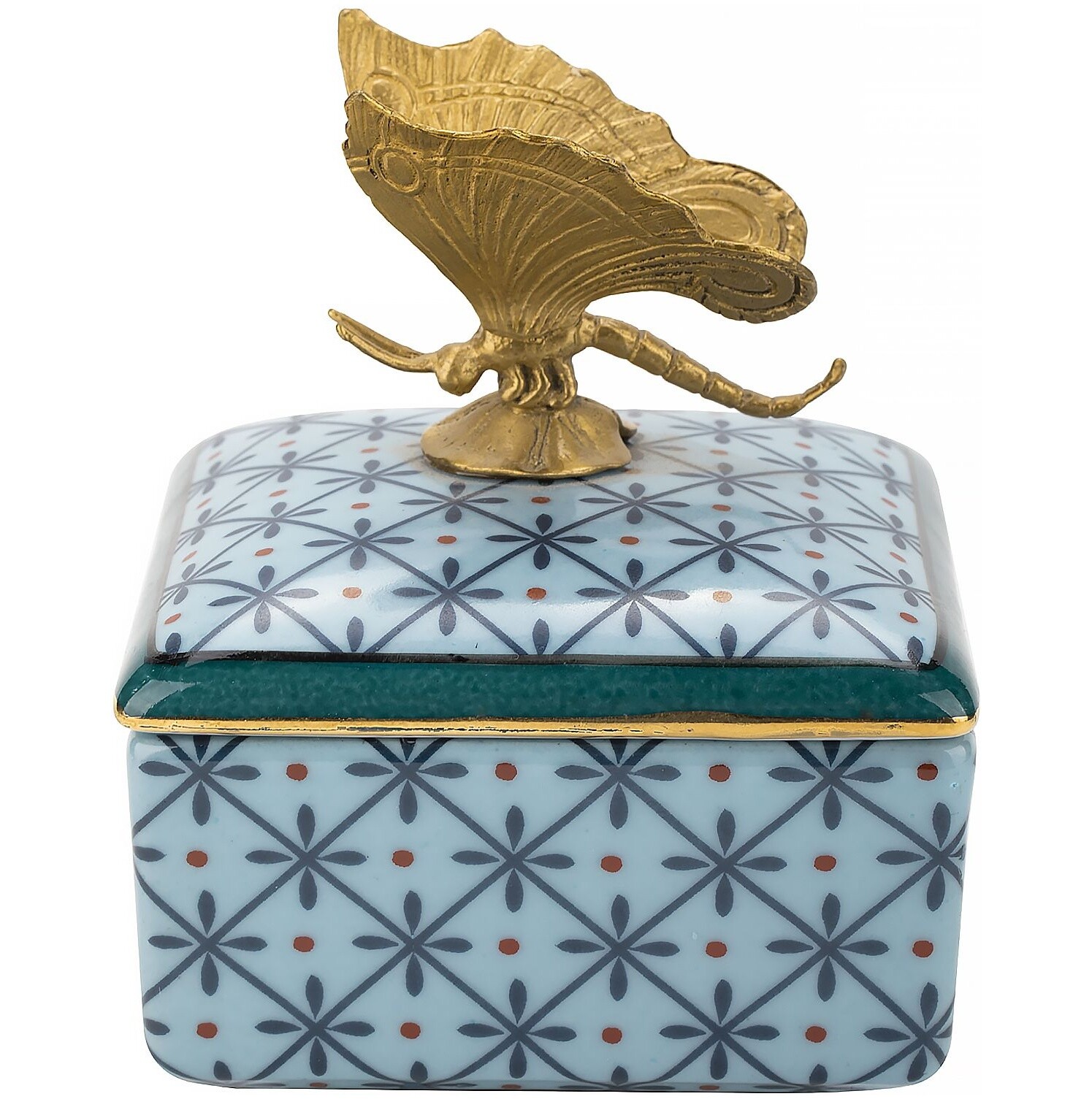 Шкатулка декоративная фарфоровая с бронзовой бабочкой 10 см голубая GLA-B100/HLB2204