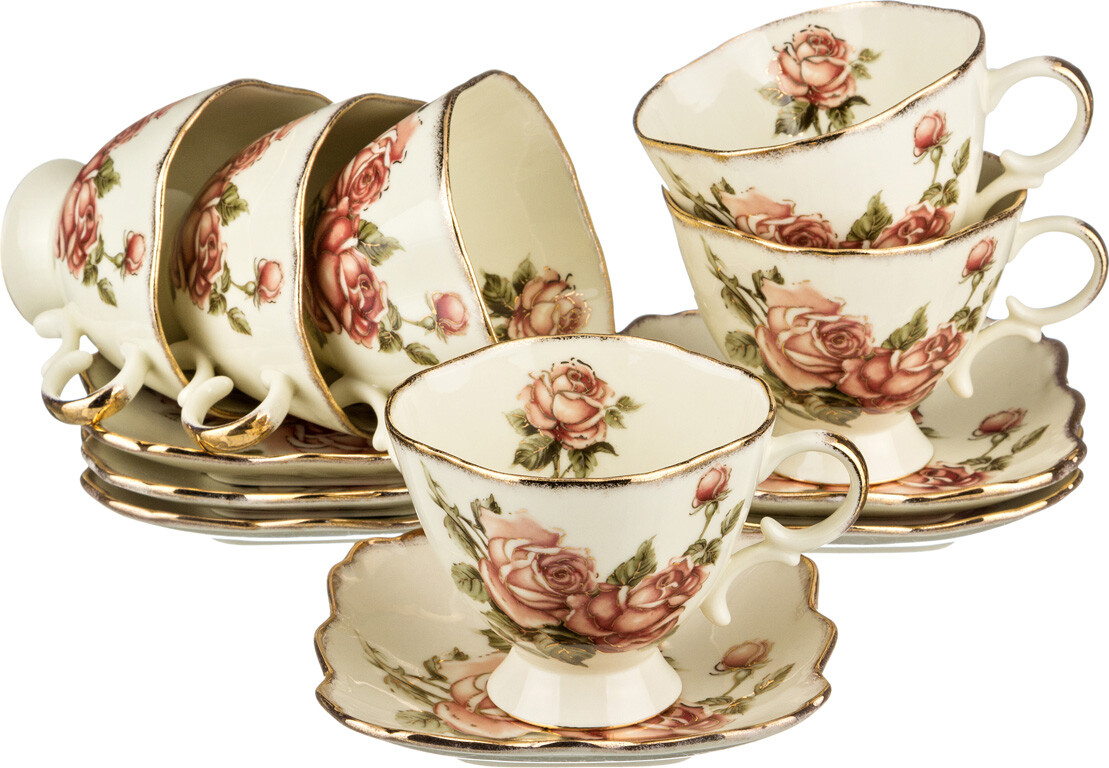 Чашки чайные фарфоровые на 6 персон бежевые &quot;Корейская роза&quot;