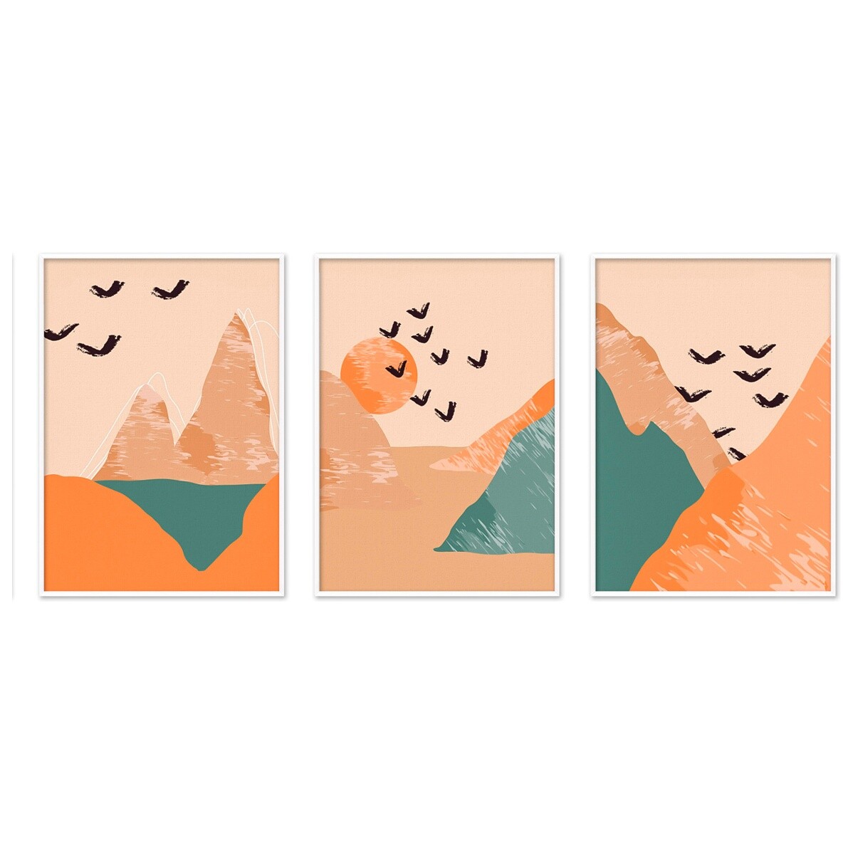 Триптих на холсте в белой раме оранжевый, зеленый &quot;Природа&quot; №360 19-0291-40x60