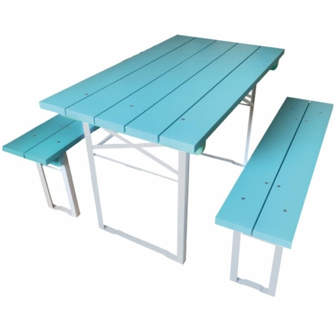 Мебель для сада складная из массива сосны стол и 2 скамьи голубая &quot;Боми&quot;