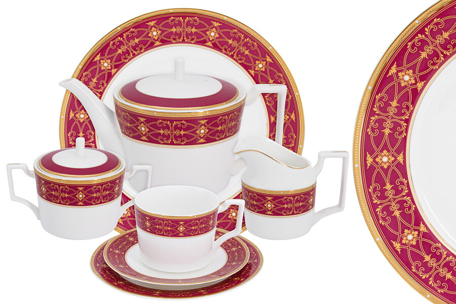 Чайный сервиз фарфоровый на 12 персон белый, красный, золото &quot;Офелия&quot;