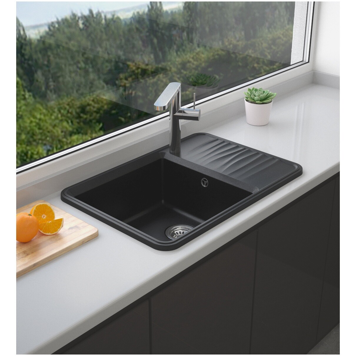 Мойка кухонная кварцевая прямоугольная 51х74 см черная Domaci "Римини" DG R-405 - изображение 6