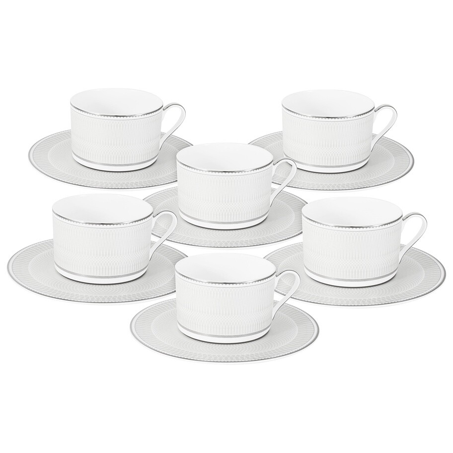 Чашки фарфоровые для чая с блюдцем 6 шт в подарочной упаковке белые, серебро &quot;Жемчуг&quot;
