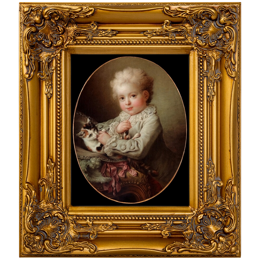 Репродукция картины с золотой раме «Портрет мальчика, играющего с кошкой»