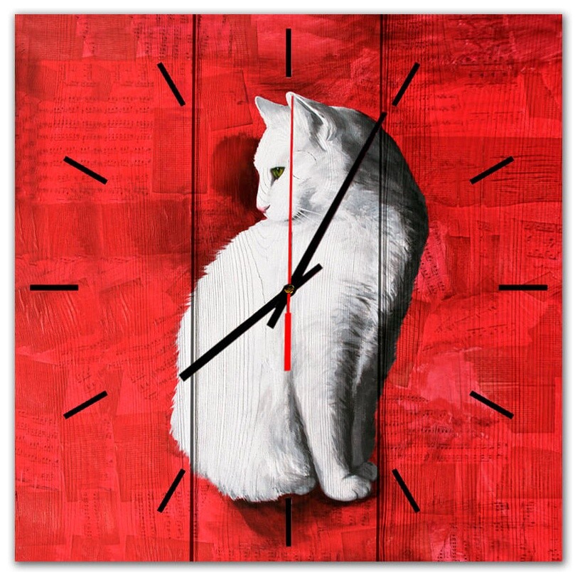 Часы настенные квадратные 30х30 см красные &quot;Белая кошка&quot;