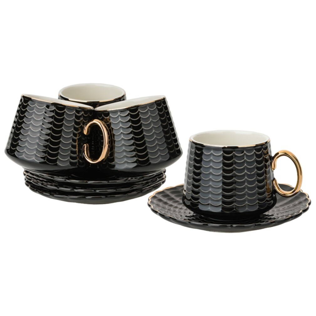 Чашки чайные фарфоровые с блюдцами на 4 персоны черные Lefard