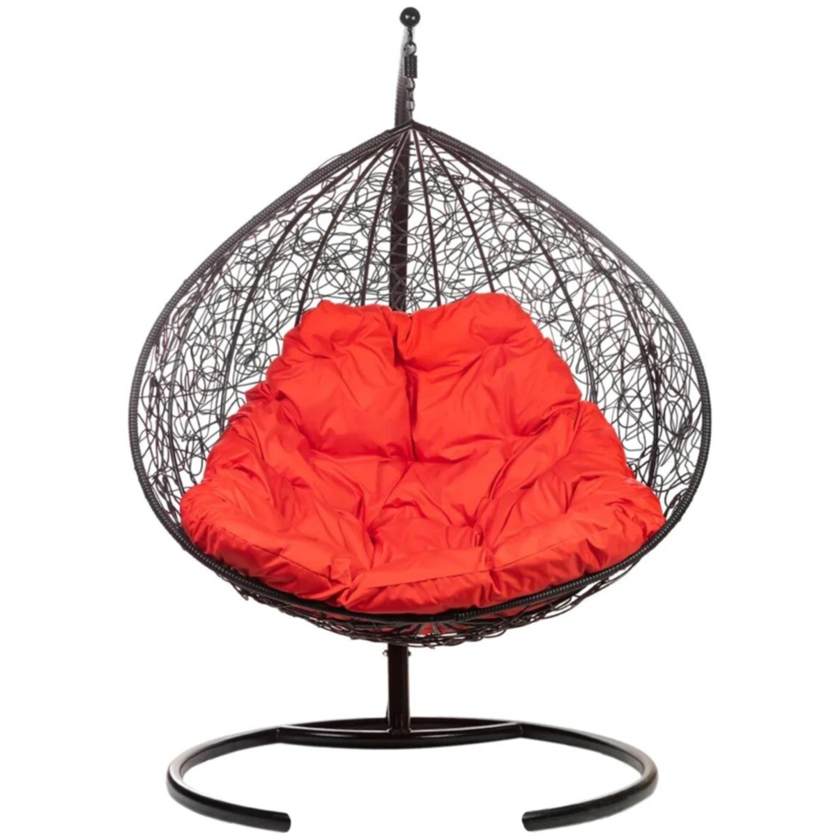 Кресло-кокон двухместное подвесное плетеное с красной подушкой на металлической стойке черное Gemini