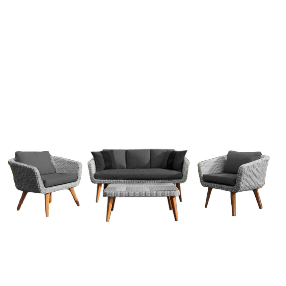 Мебель садовая ротанговая трехместный диван, два кресла и столик на 4 персоны серая Afina Grey