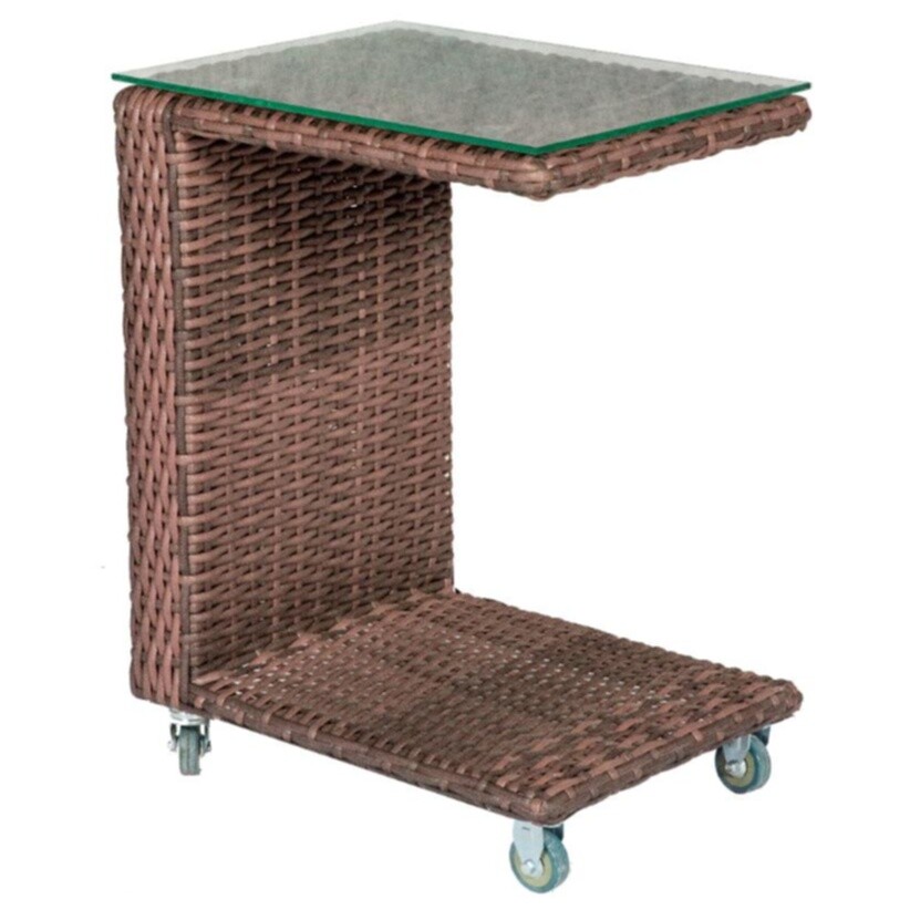 Кофейный столик на колесах плетеный со стеклом шоколад Relax