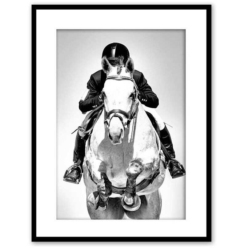 Постер с паспарту в раме черно-белый 50х70 см &quot;Прыжок на лошади&quot;